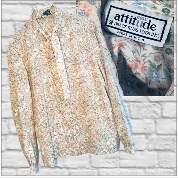 Vintage New Attitude Floral Button Down Shirt Pastel Tie Neck Size 18 Women’s - Picture 1 of 10